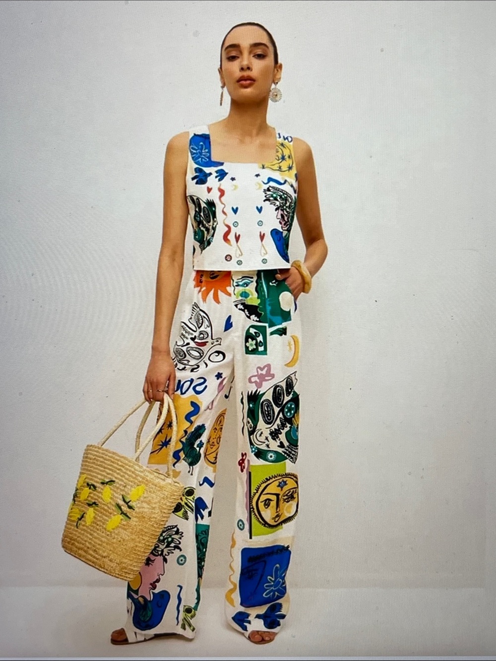 NWT Commense Two-Piece White Graphic Crop Top & Wide Leg Pants Set - Picture 16 of 16